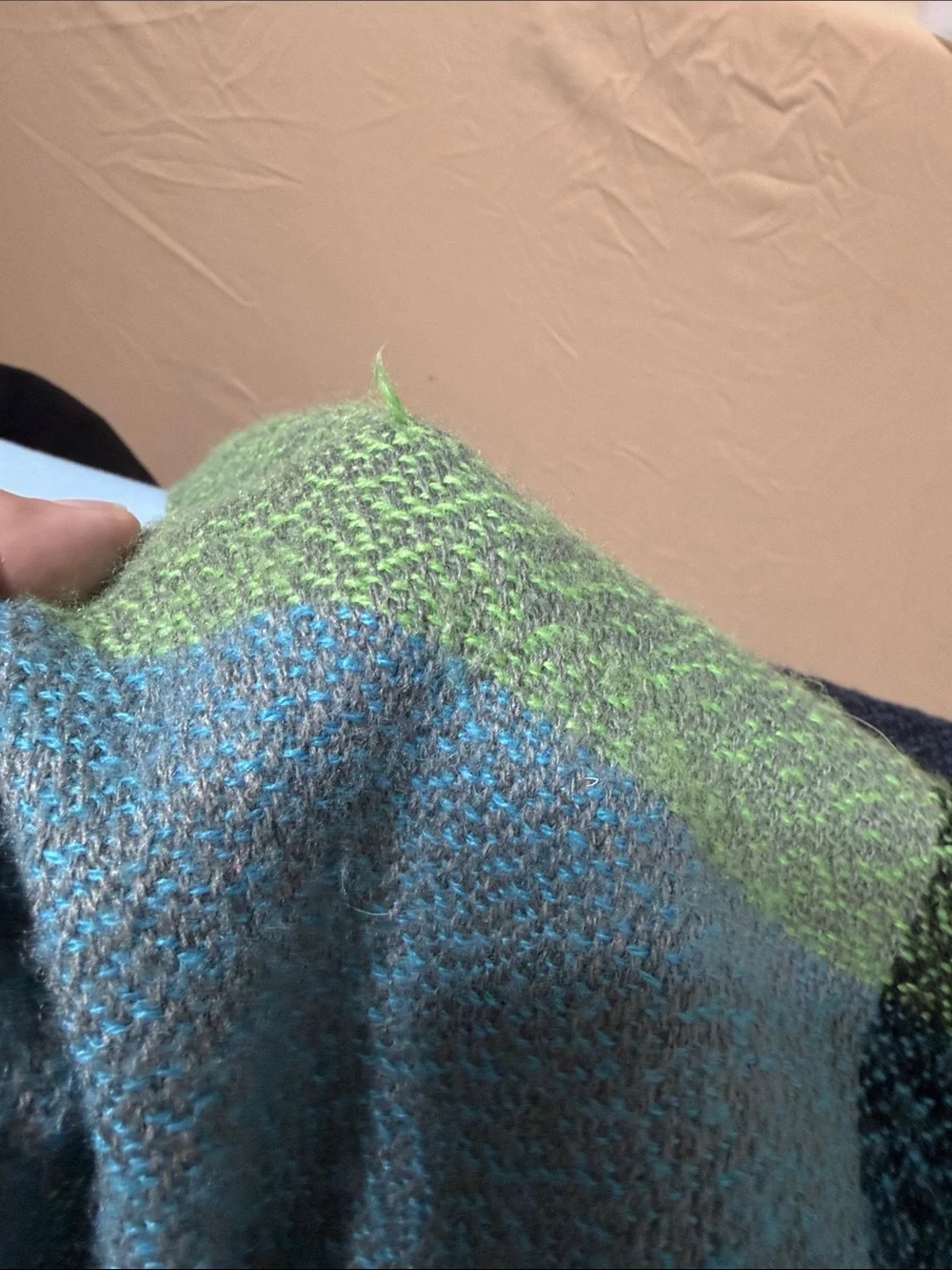 Green and Blue Color Block Plaid Fringe Scarf Wrap
